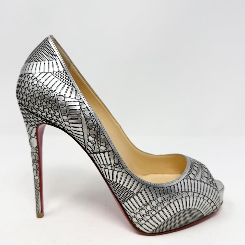 Christian Louboutin Suellena Silver Geometric Peep Toe Heels Womens Size EU 37 - Picture 5 of 10